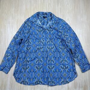 Lands’ End No Iron Supima Cotton Button Down Shirt Blue Paisley Long Sleeve 16W